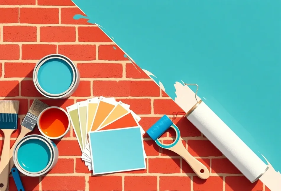 Pots de peinture, nuancier, brosses et rouleaux disposés à plat