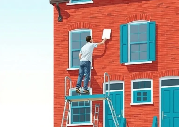 Peintre sur échafaudage traitant la façade d'une maison